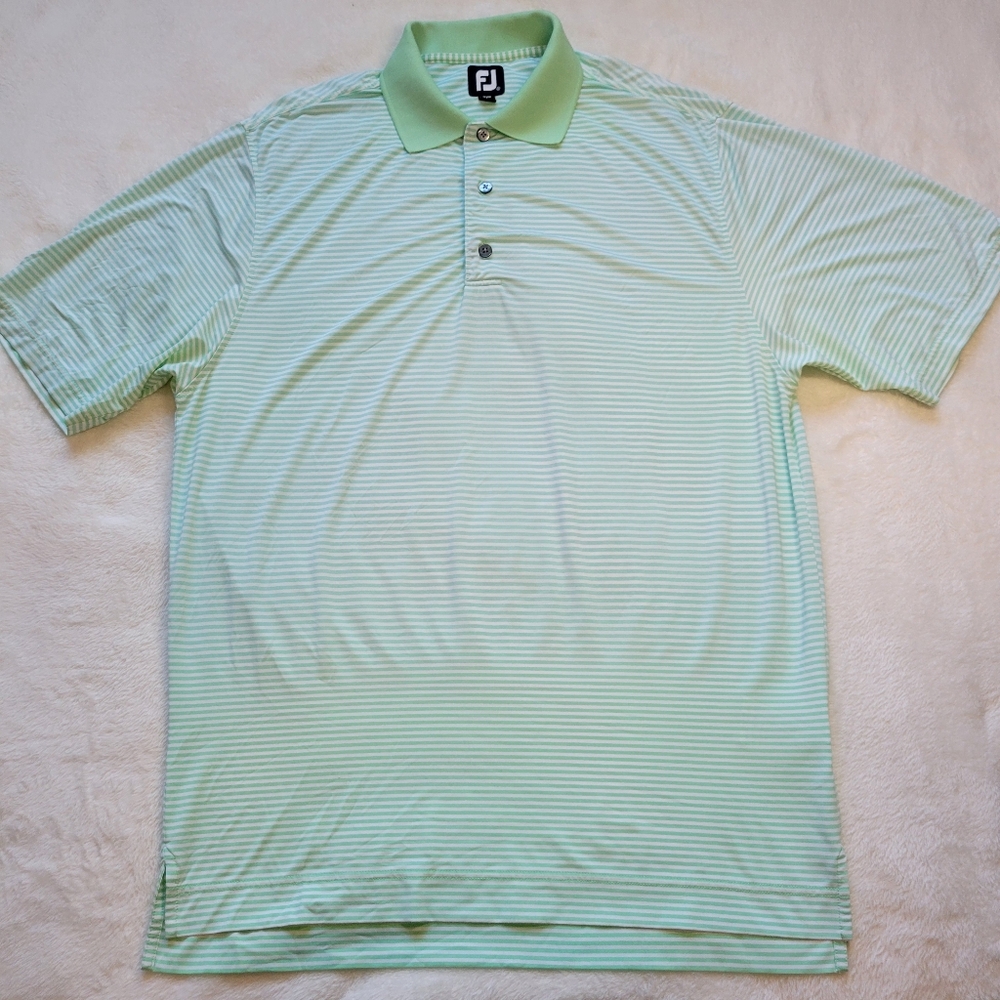 Footjoy Polo Shirt Mens Medium Golf FJ Green White Striped Course Summer